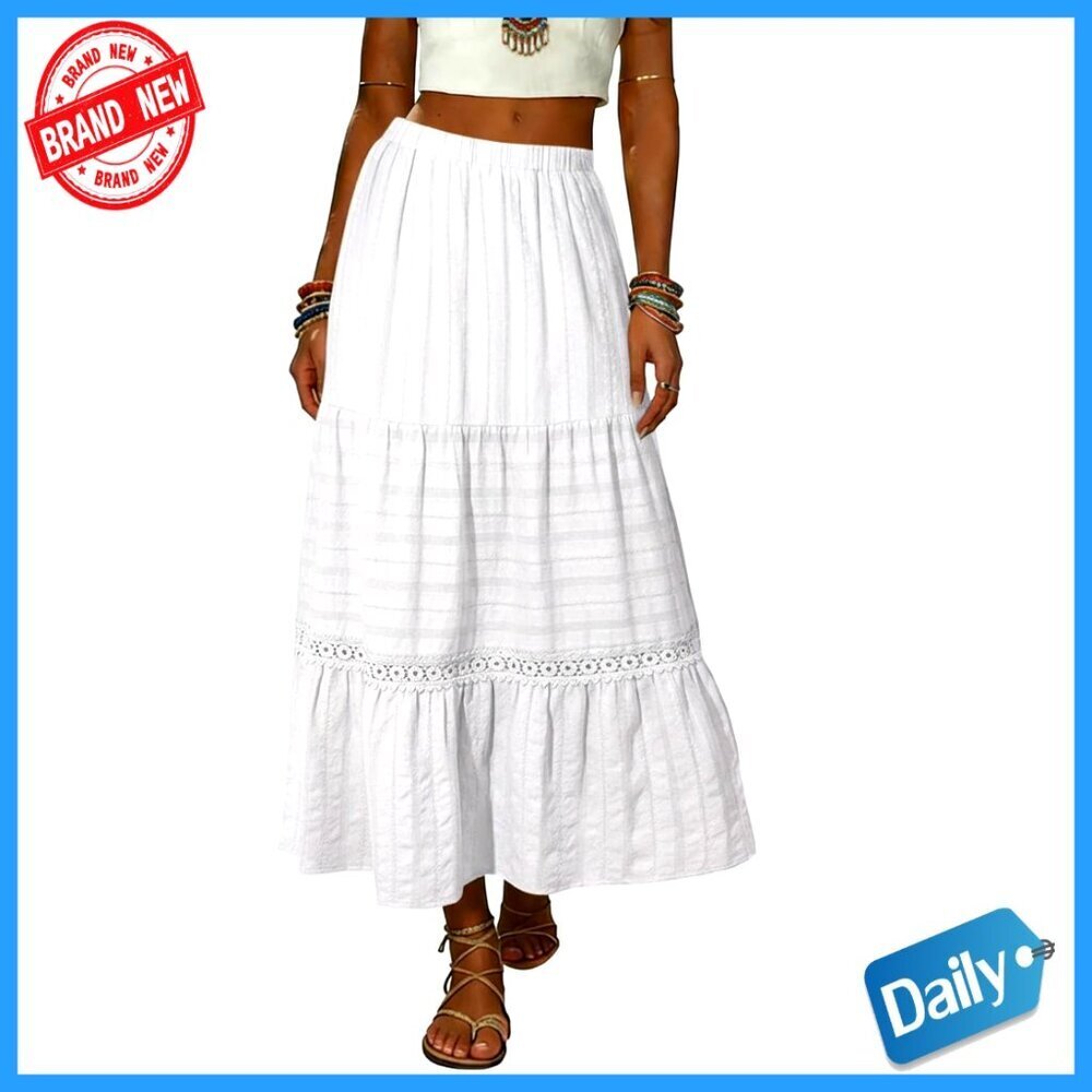 Long Cotton Maxi Skirt High Waisted A-Line Tiered Boho Lace